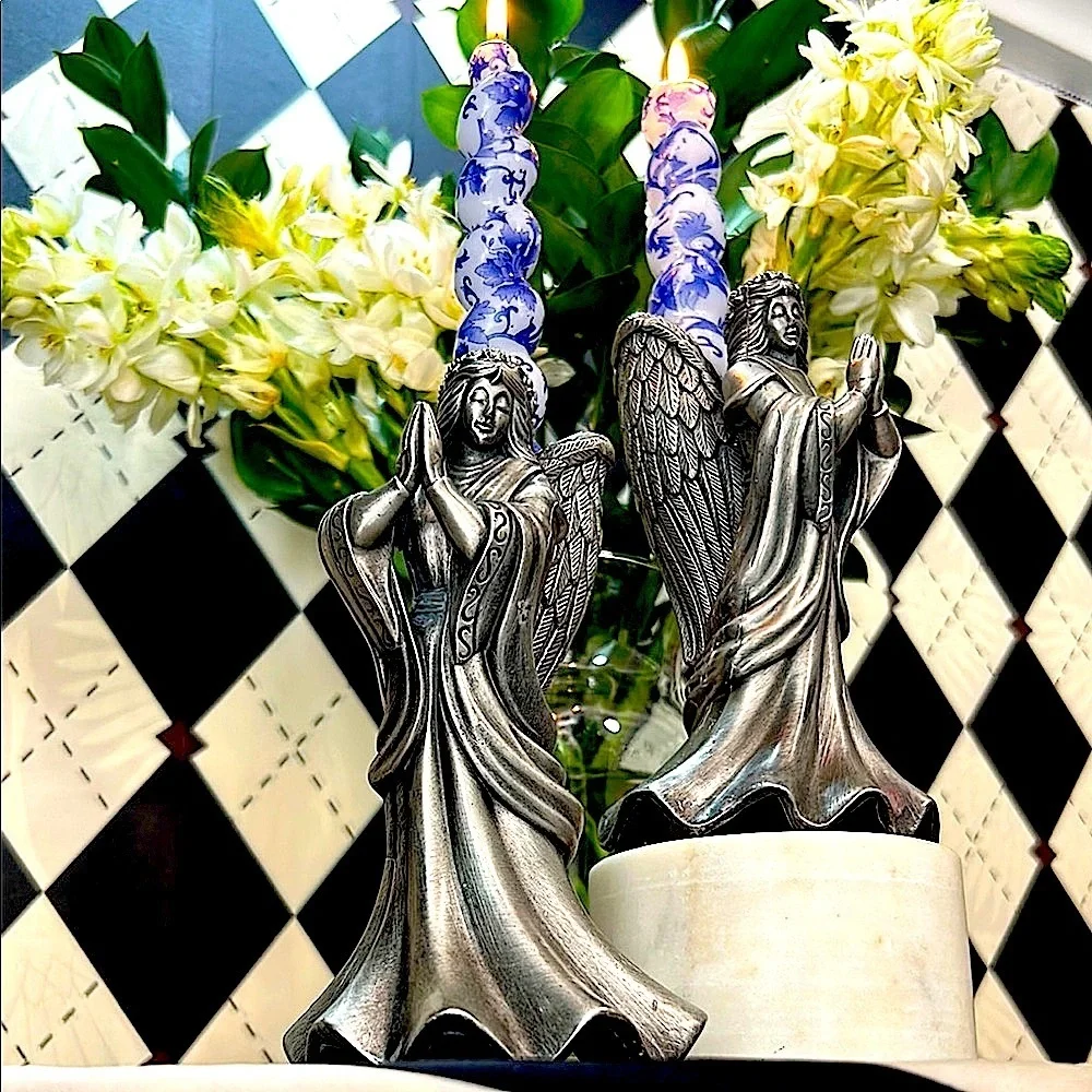 Vintage Pewter Angels Candle Holder Set – Double as Bookends – Unique & Gorgeous